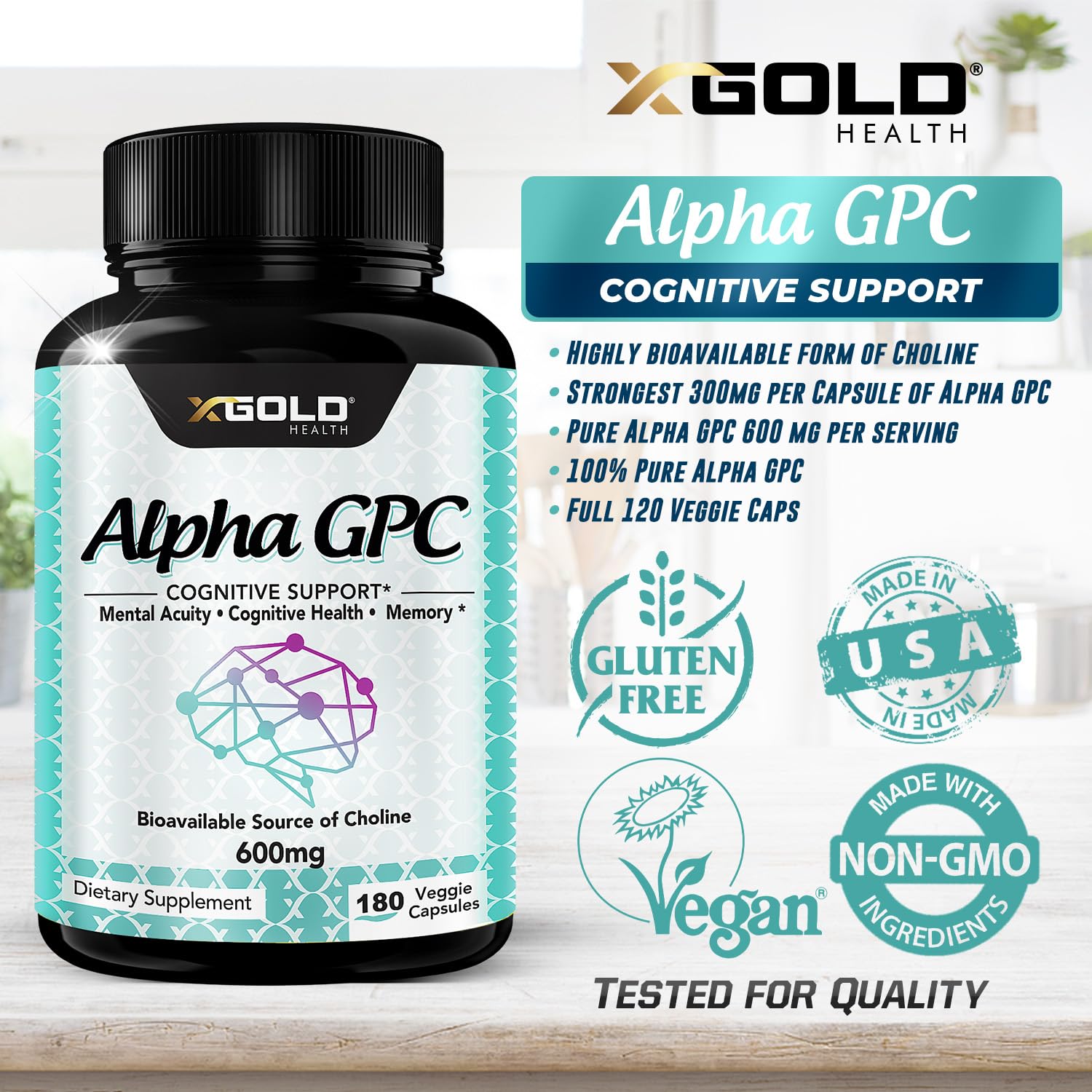 X Gold Health Alpha GPC bottle with supplement facts panel indicating 600 mg potency