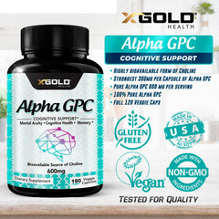 X Gold Health Alpha GPC bottle with supplement facts panel indicating 600 mg potency