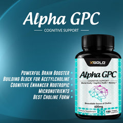X Gold Health Alpha GPC bottle with a glass of water for easy daily intake