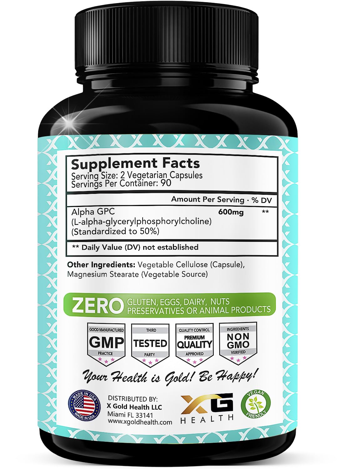 X Gold Health Alpha GPC capsules close-up showing vegan capsules for daily focus