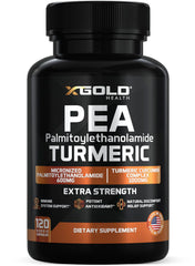 X Gold Health pea-palmitoylethanolamide-turmeric bottle shows joint support features