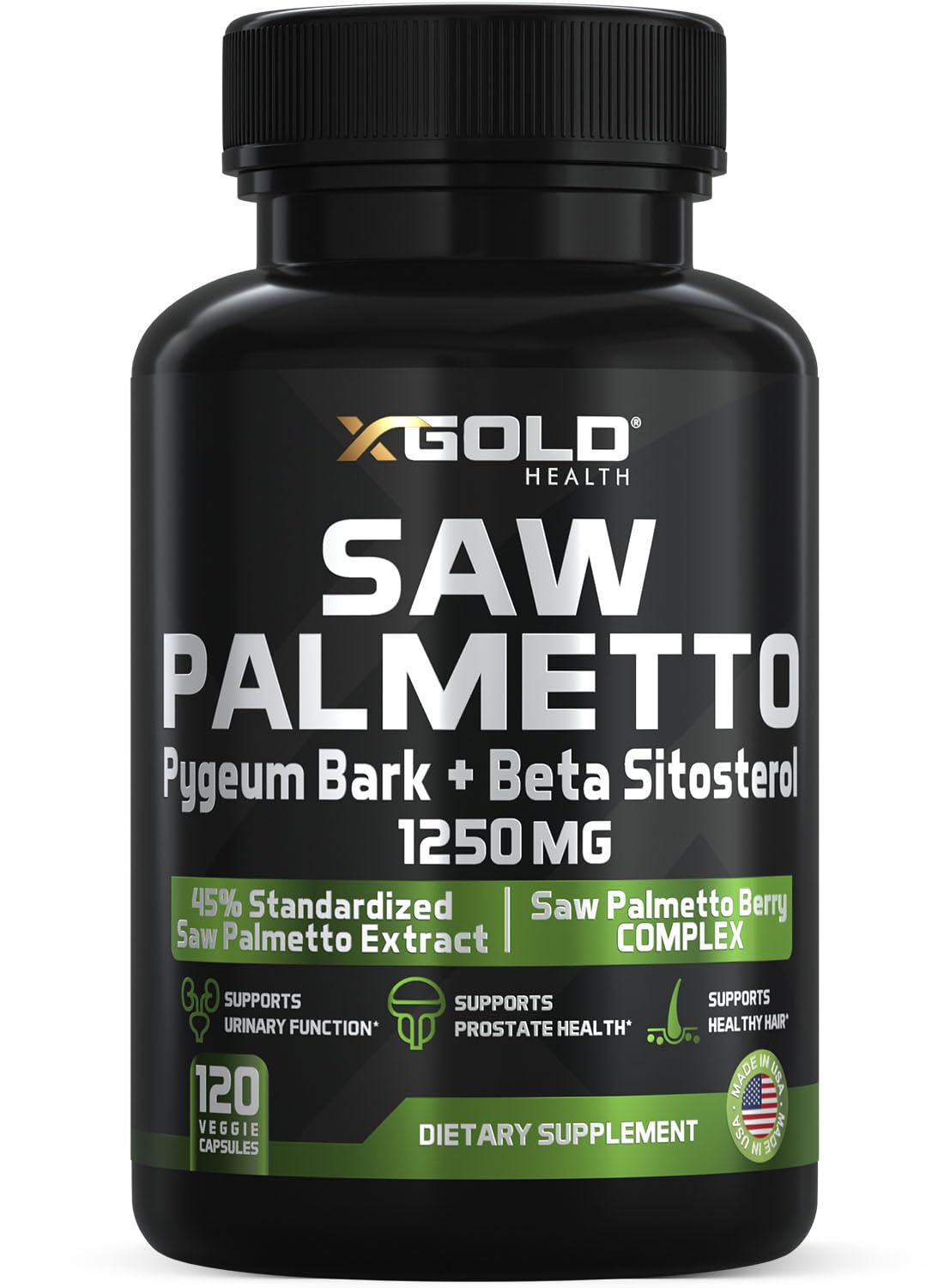 X Gold Health Saw Palmetto Prostate Supplement for Men bottle and capsules