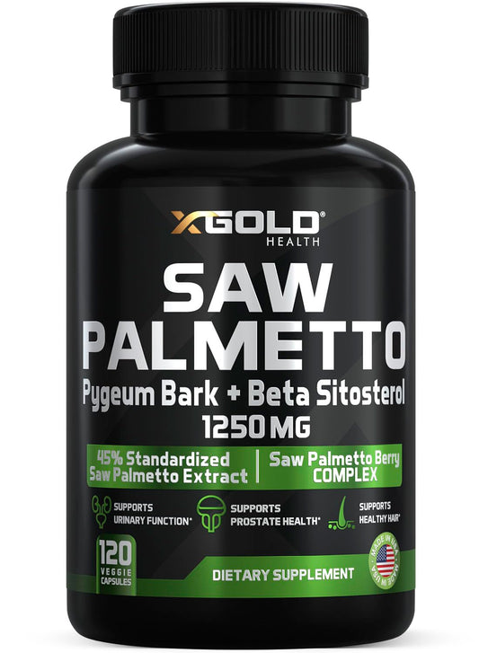 X Gold Health Saw Palmetto Prostate Supplement for Men bottle and capsules