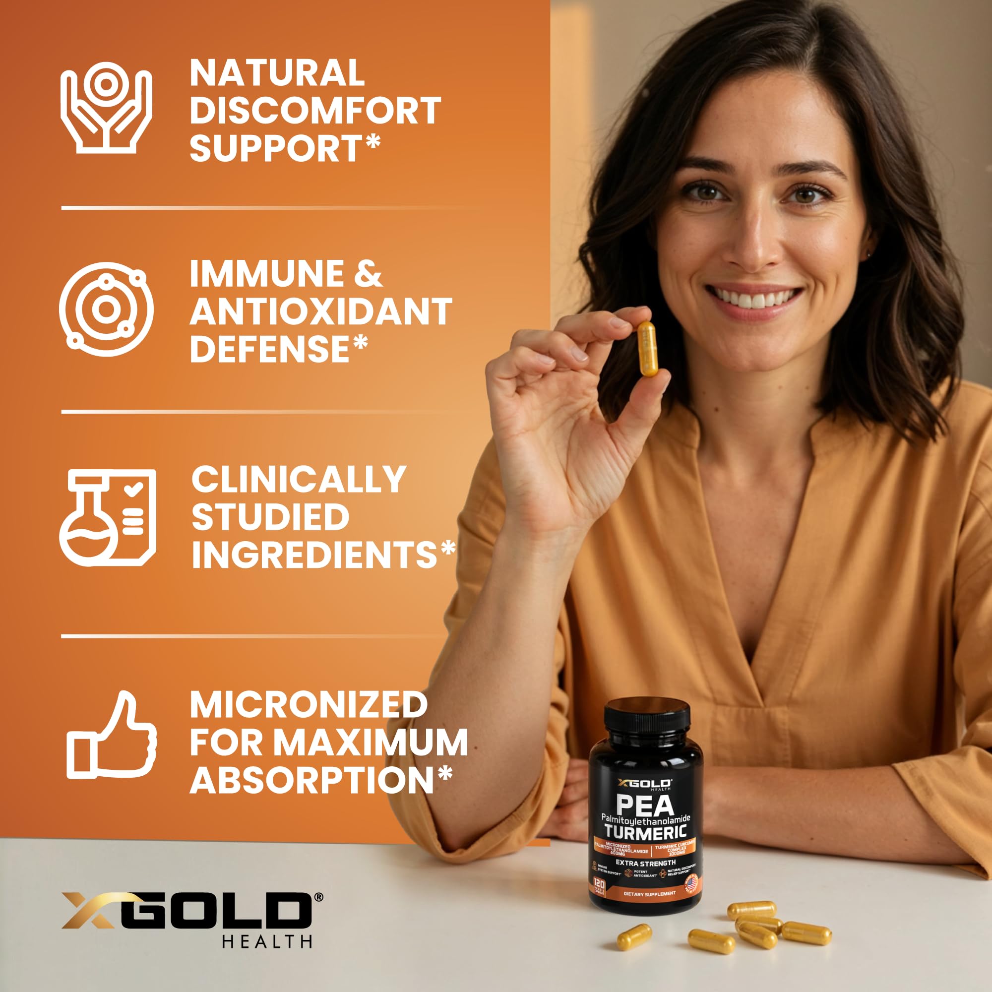 Close-up of turmeric root extract and curcuminoids on X Gold Health packaging