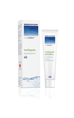 Close-up of Xerostom With Saliactive toothpaste packaging