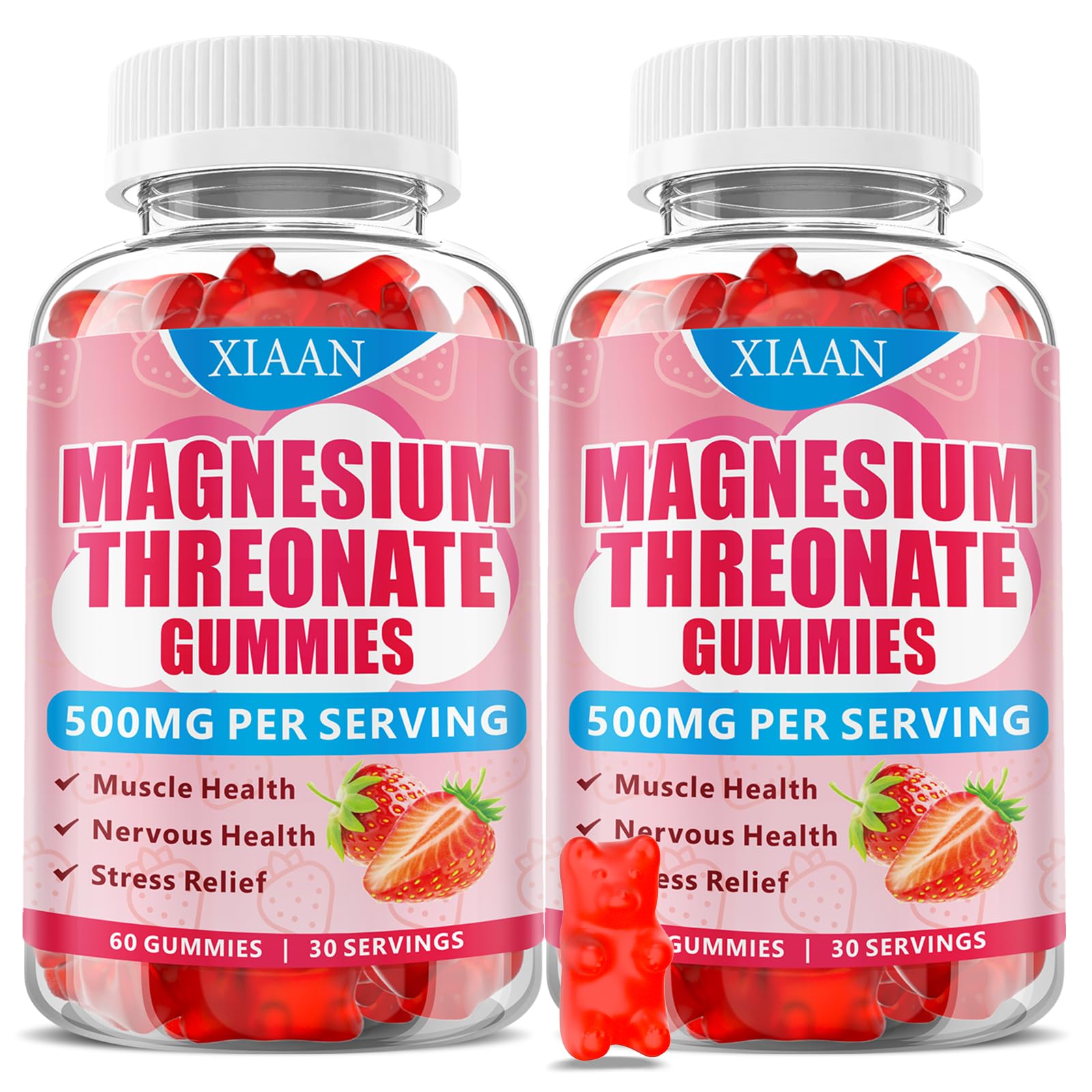 Front view of XIAAN Magnesium L-Threonate Gummies strawberry flavor bottle, 120 count
