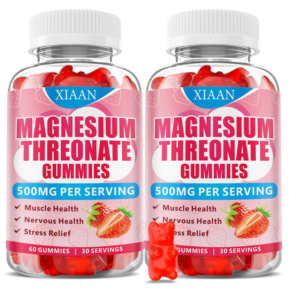 Front view of XIAAN Magnesium L-Threonate Gummies strawberry flavor bottle, 120 count