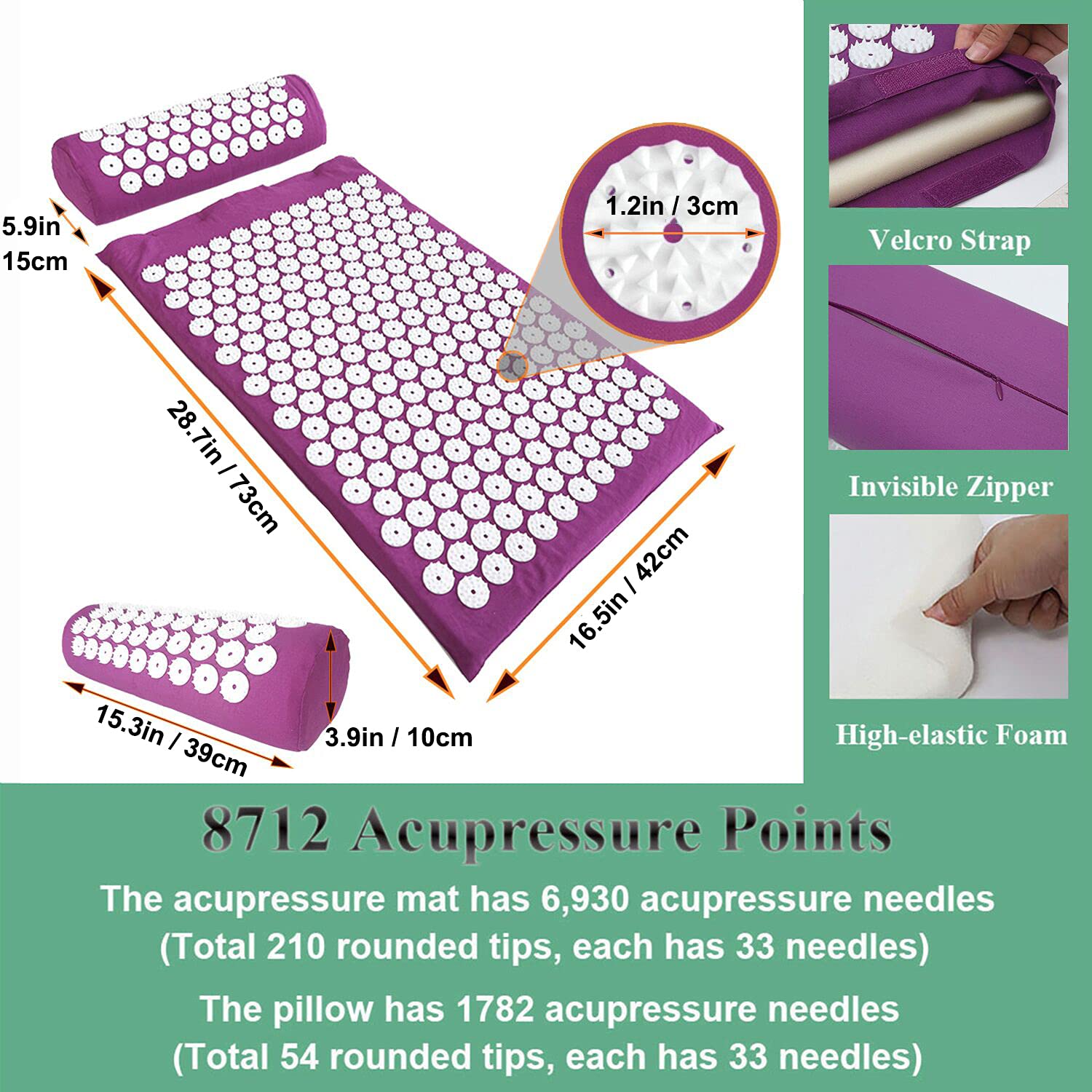Close-up view of acupressure needles on purple XiaoMaGe mat