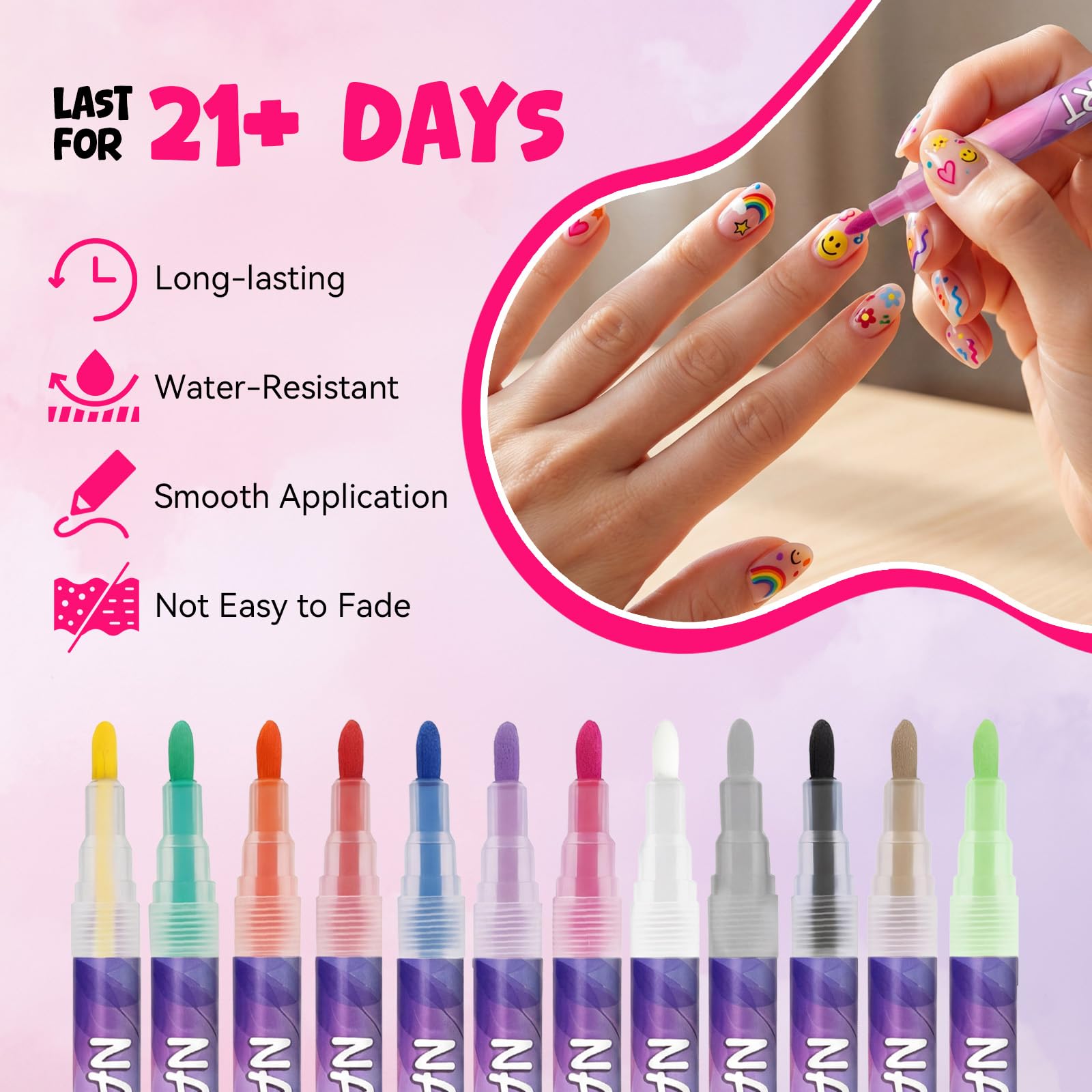 XILRVON nail art pens providing strong coverage on a dark base