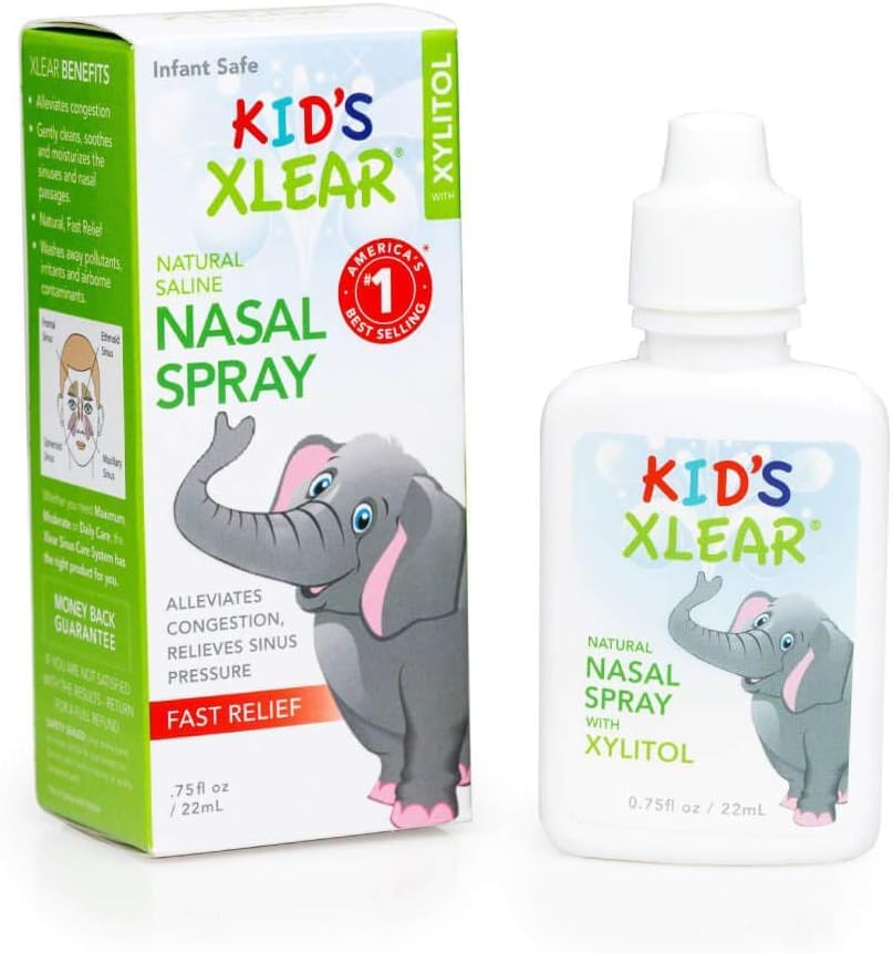 Xlear kid-safe nasal cleanser label indicating drug-free Non-GMO Verified safety