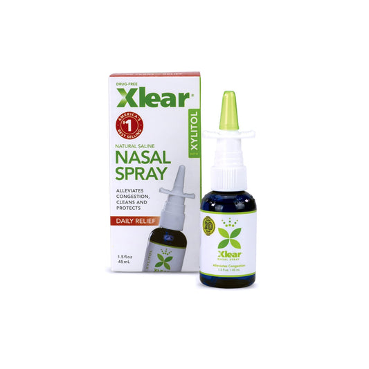 Xlear nasal spray bottle close-up, natural saline formula for daily nasal care.