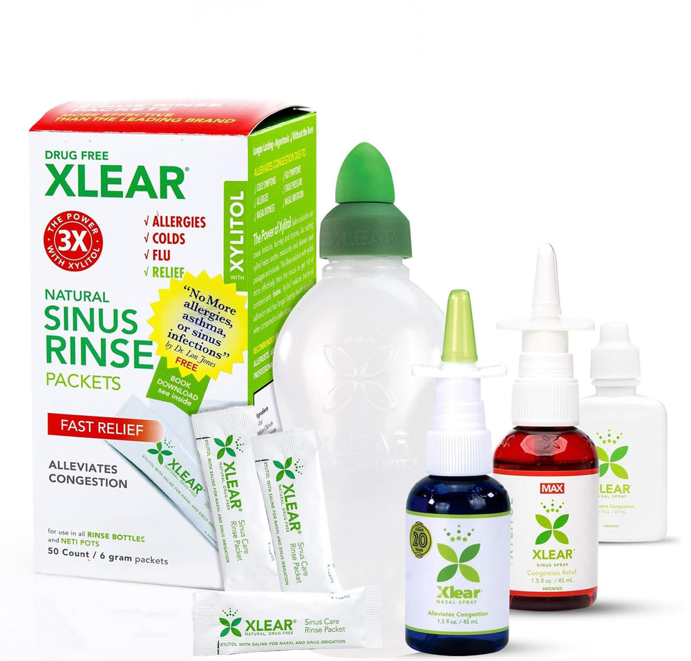 Xlear nasal spray with xylitol bottle close-up for daily allergy relief