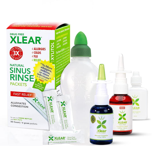 Xlear nasal spray with xylitol bottle close-up for daily allergy relief