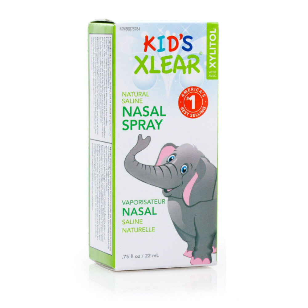 Xlear kid-friendly nasal spray bottle illustrating natural saline formula for daily moisture