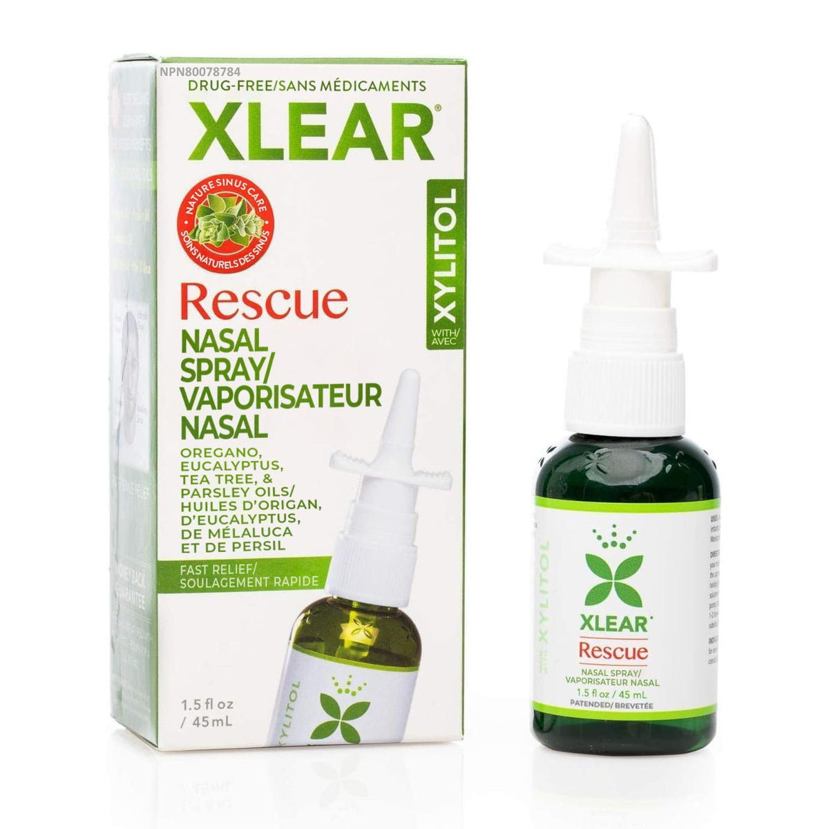 Xlear Rescue nasal spray bottle delivering natural, fast relief from congestion.