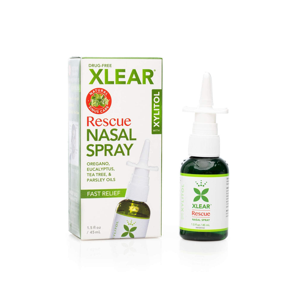 Xlear Rescue nasal spray bottle offers natural sinus relief for congested airways