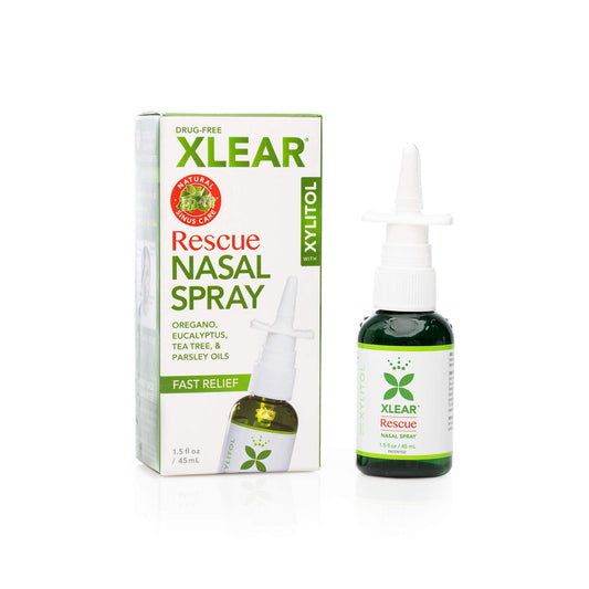 Xlear Rescue nasal spray bottle offers natural sinus relief for congested airways