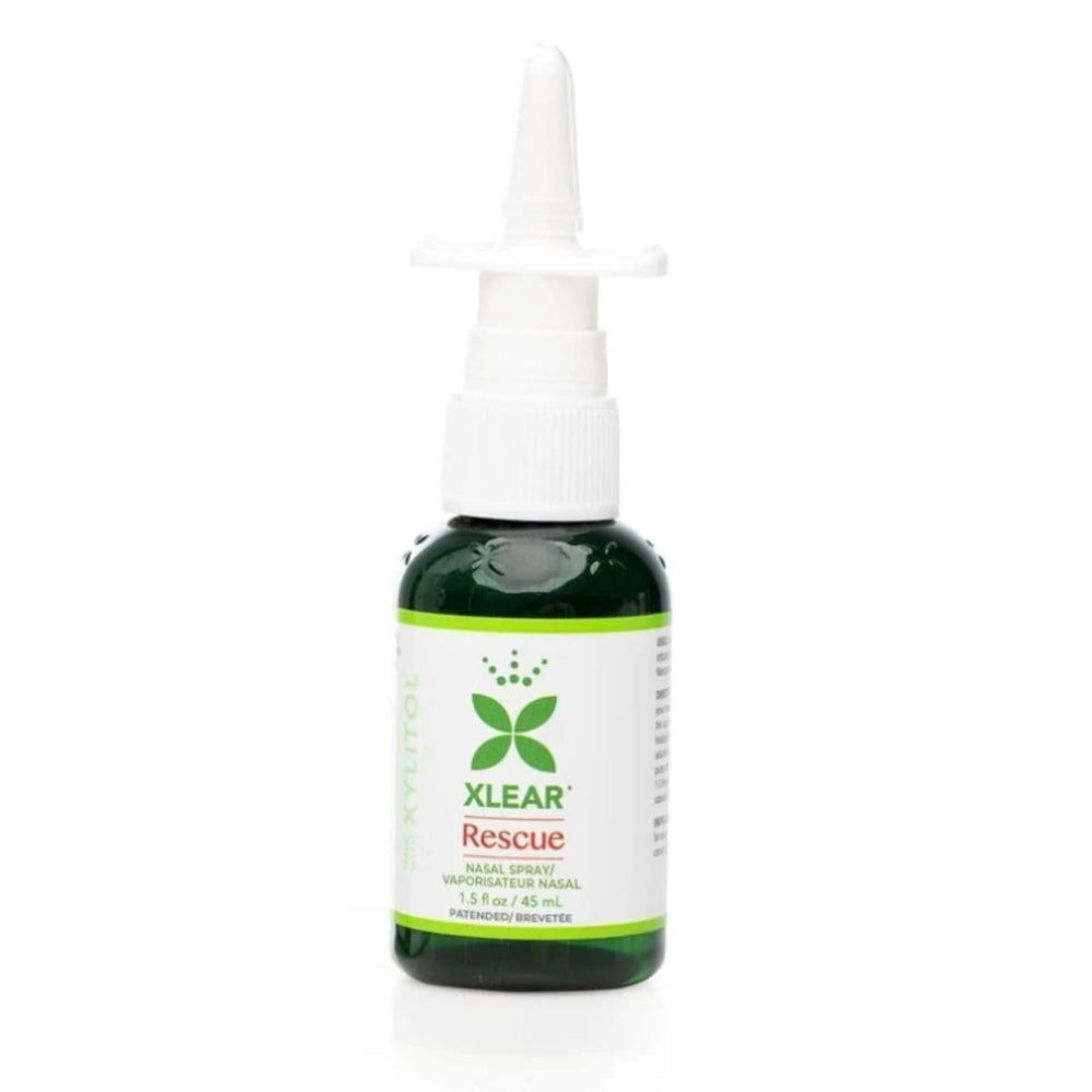 Xlear Rescue packaging shown for travel-friendly 1.5 oz bottle.