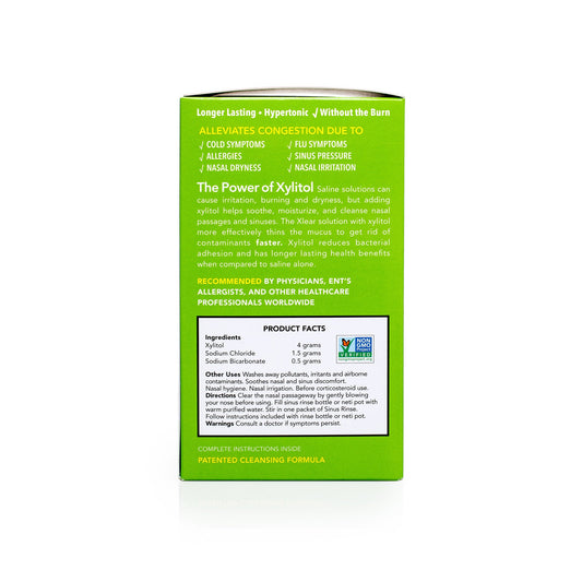 Xlear xylitol saline packets closeup highlighting convenient sachets.