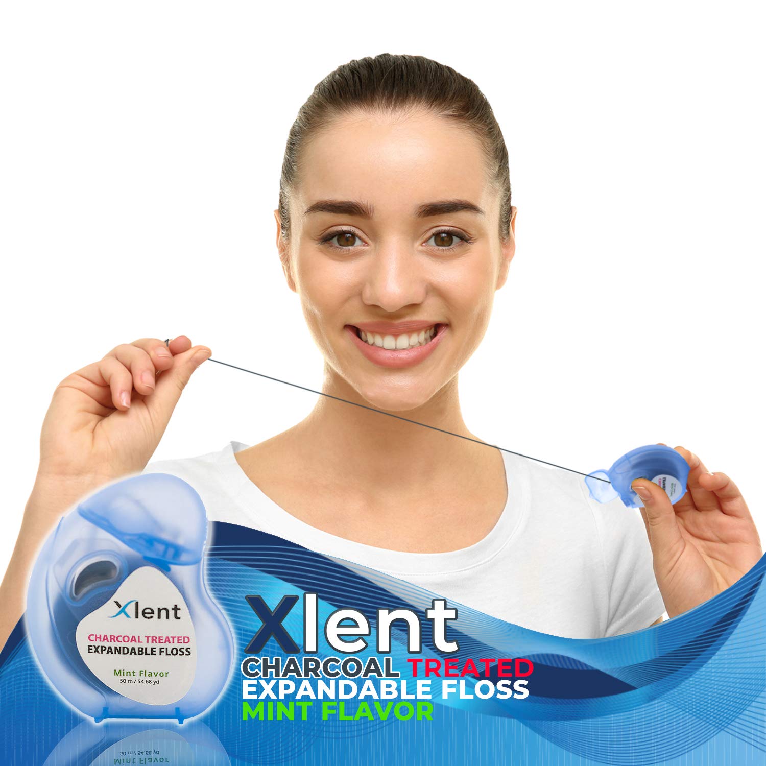 Mint-flavored Xlent expandable charcoal floss