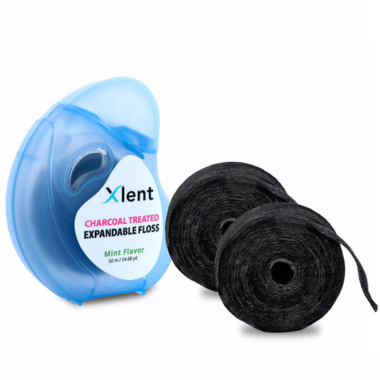 Xlent expandable charcoal floss in blue reusable dispenser (50m)