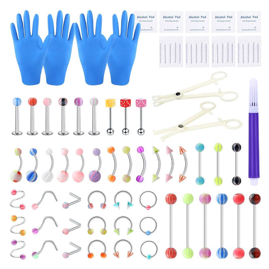 Xpircn 80-piece piercing kit contents showcasing versatile body jewelry options for multiple piercing sites.