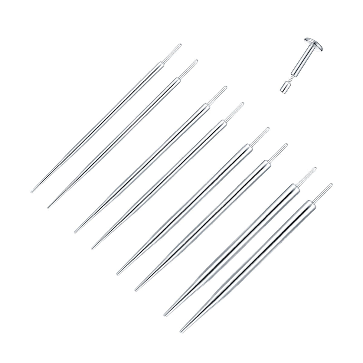 Xpircn threadless piercing taper kit close-up showing gauge range for safe resizing