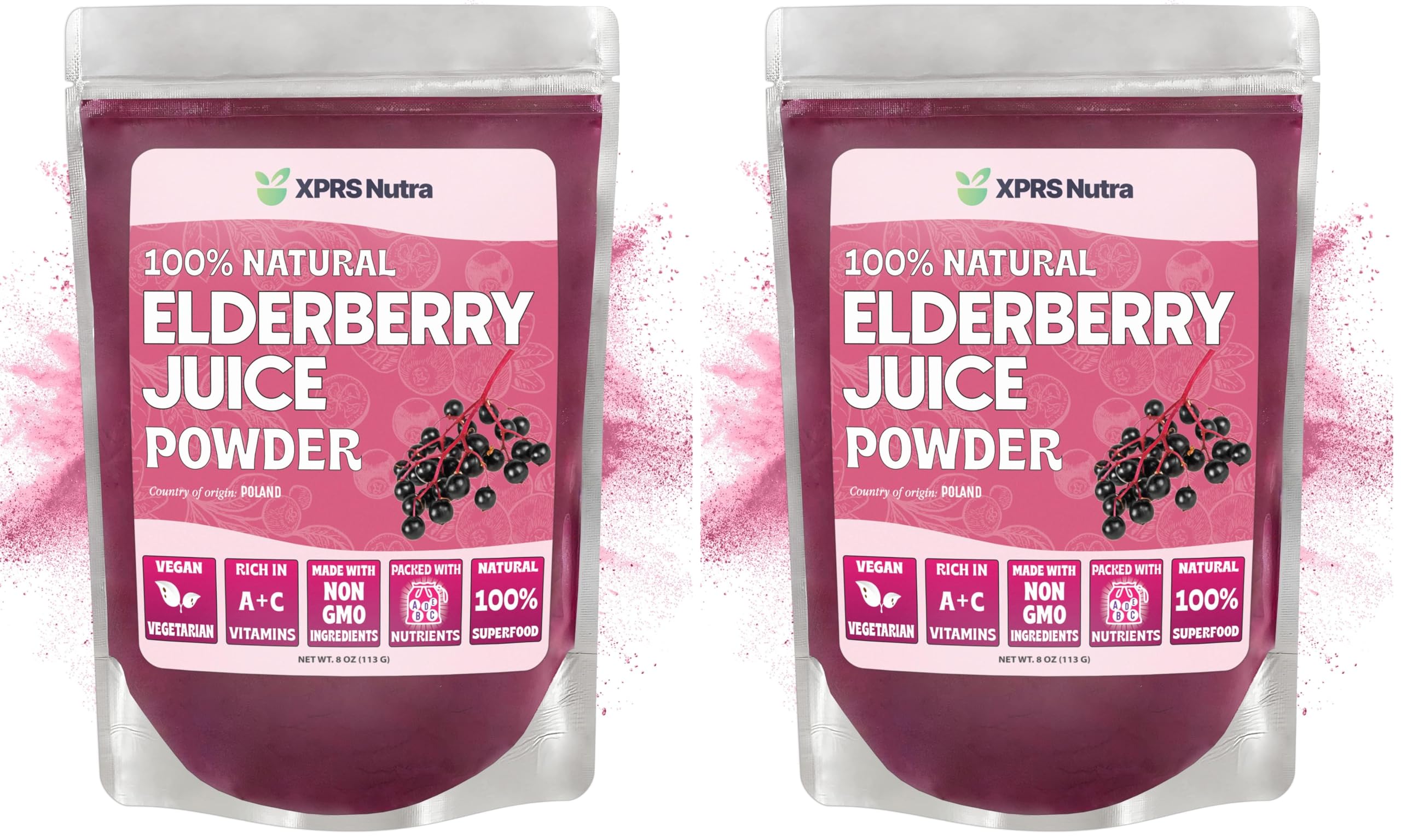 Front view of XPRS Nutra Elderberry Juice Powder 8 oz pack of 2