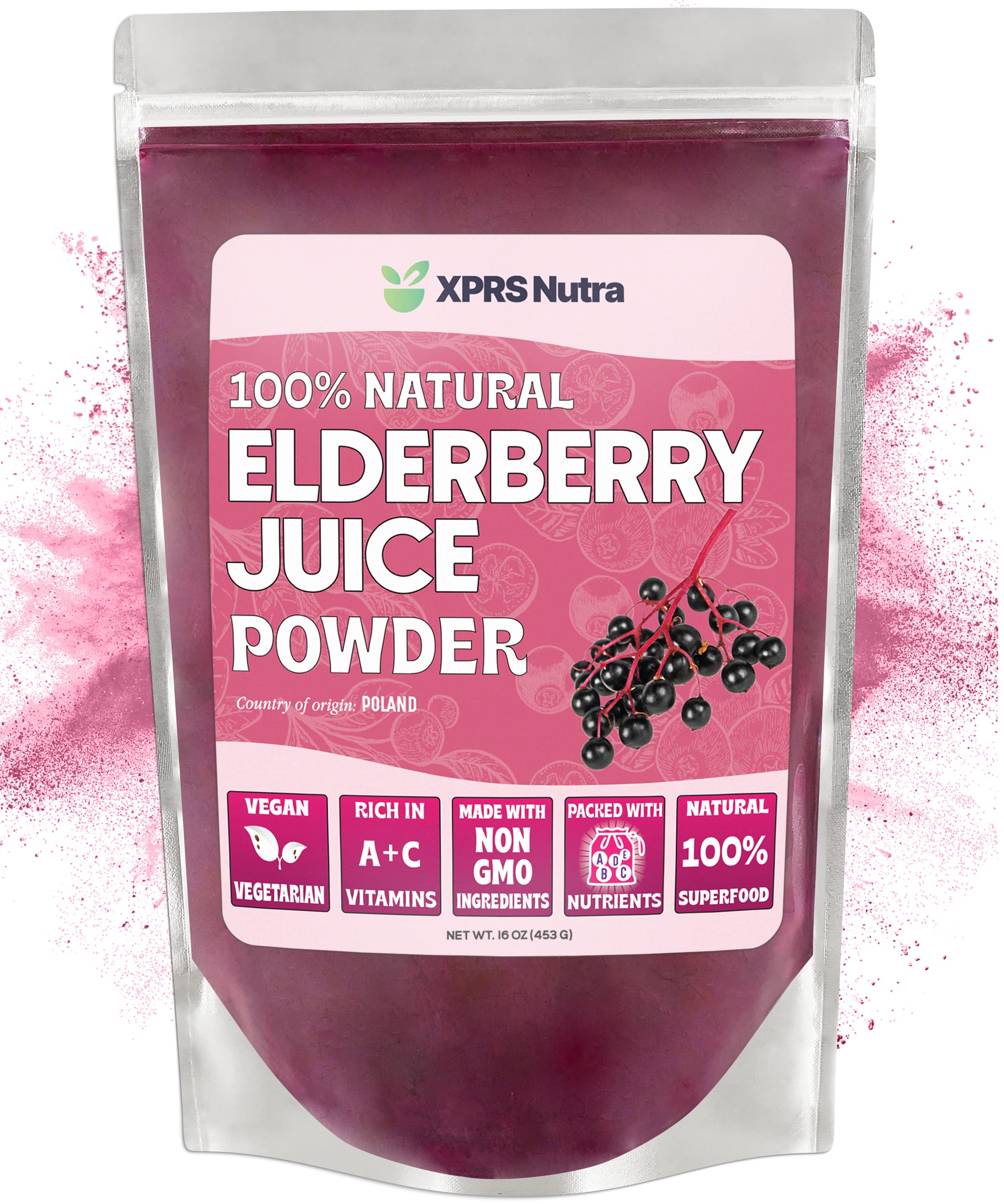 Front view of XPRS Nutra Elderberry Juice Powder 16 oz packaging