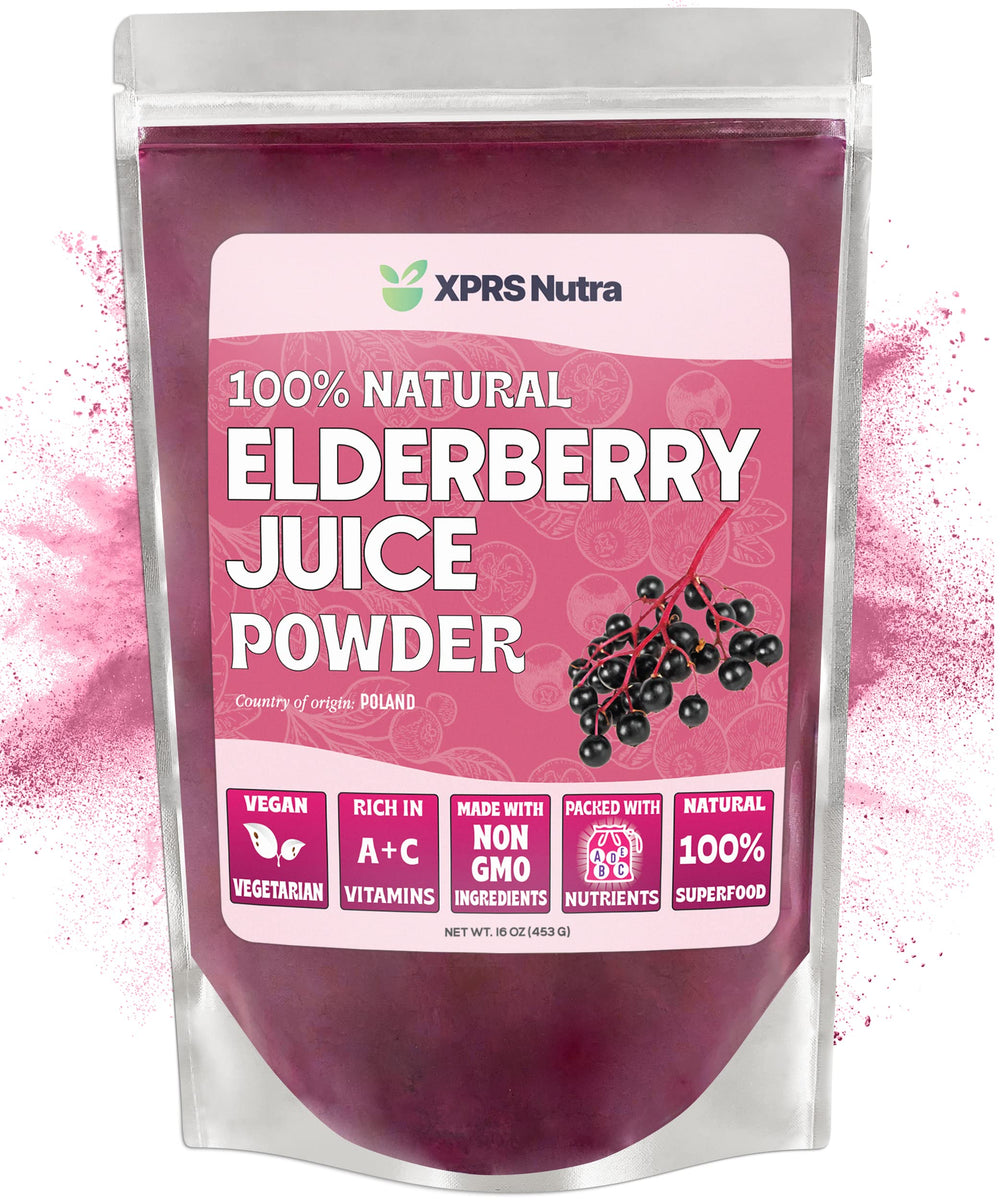Front view of XPRS Nutra Elderberry Juice Powder 16 oz packaging
