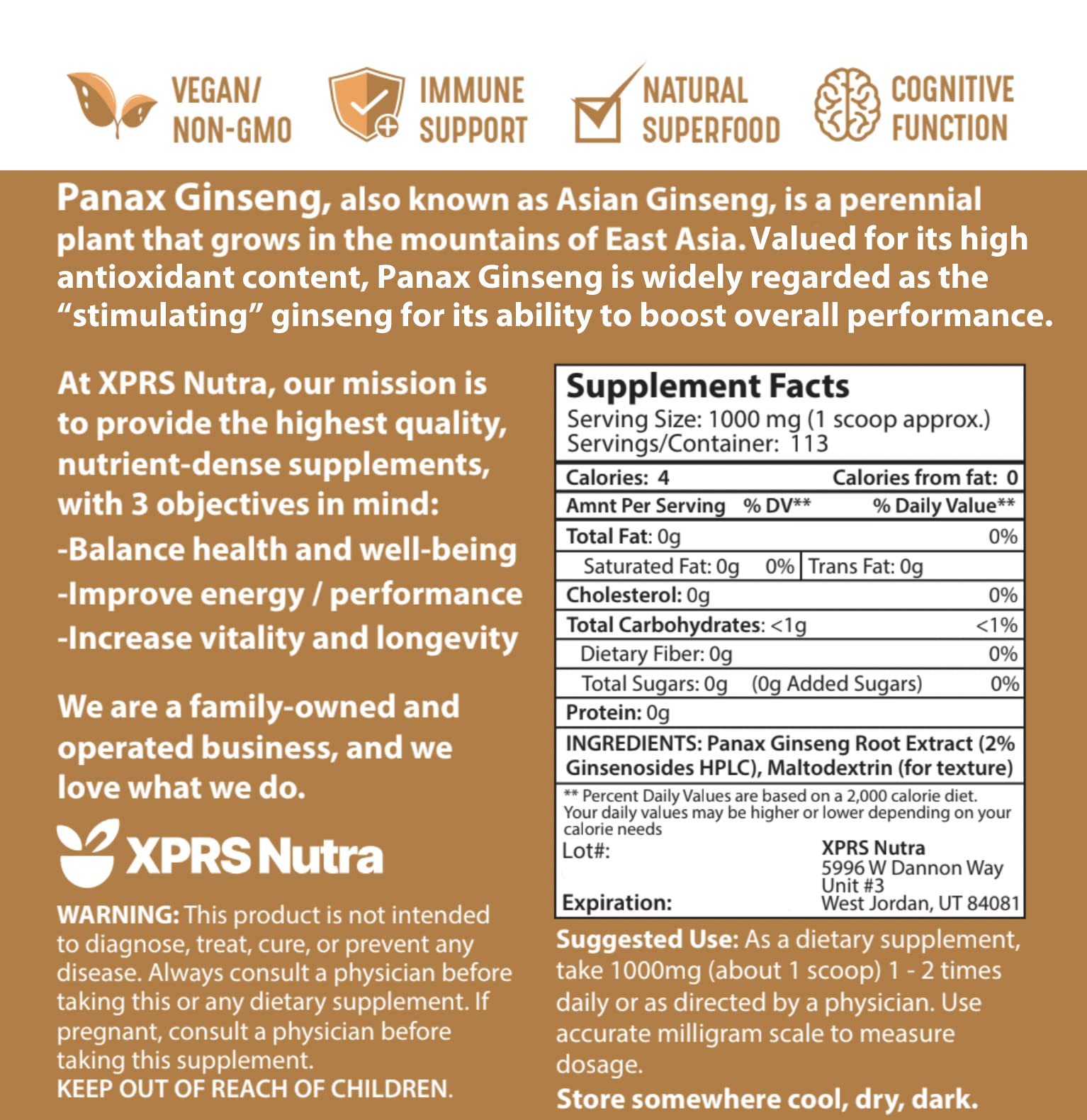 Graphic label showing XPRS Nutra Ginseng Powder 4 oz