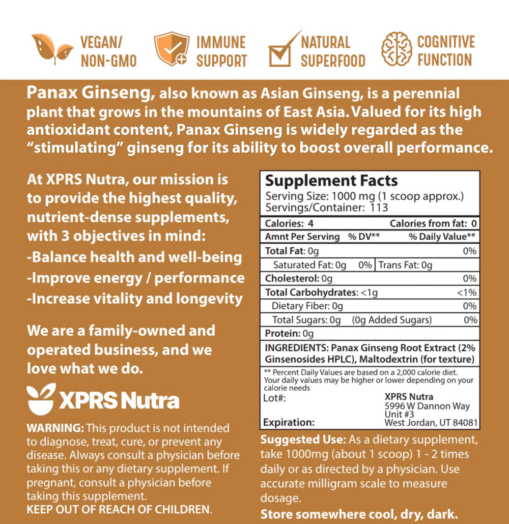 Graphic label showing XPRS Nutra Ginseng Powder 4 oz