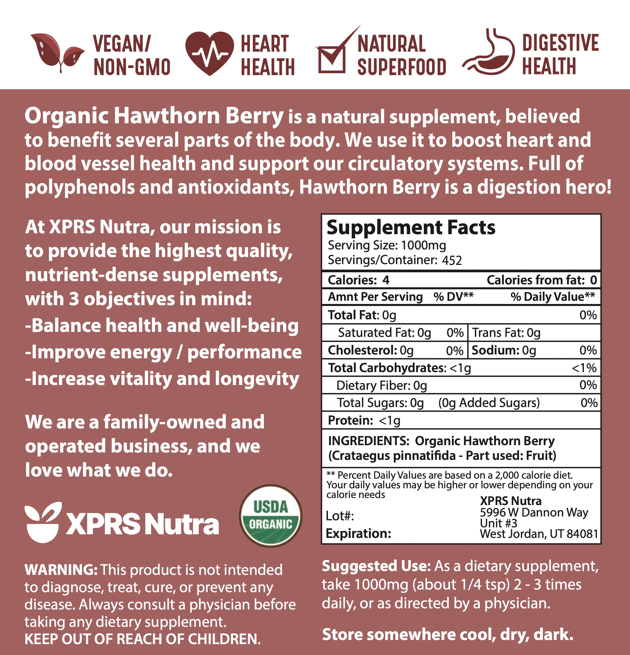 XPRS Nutra Hawthorn Berry Powder product label
