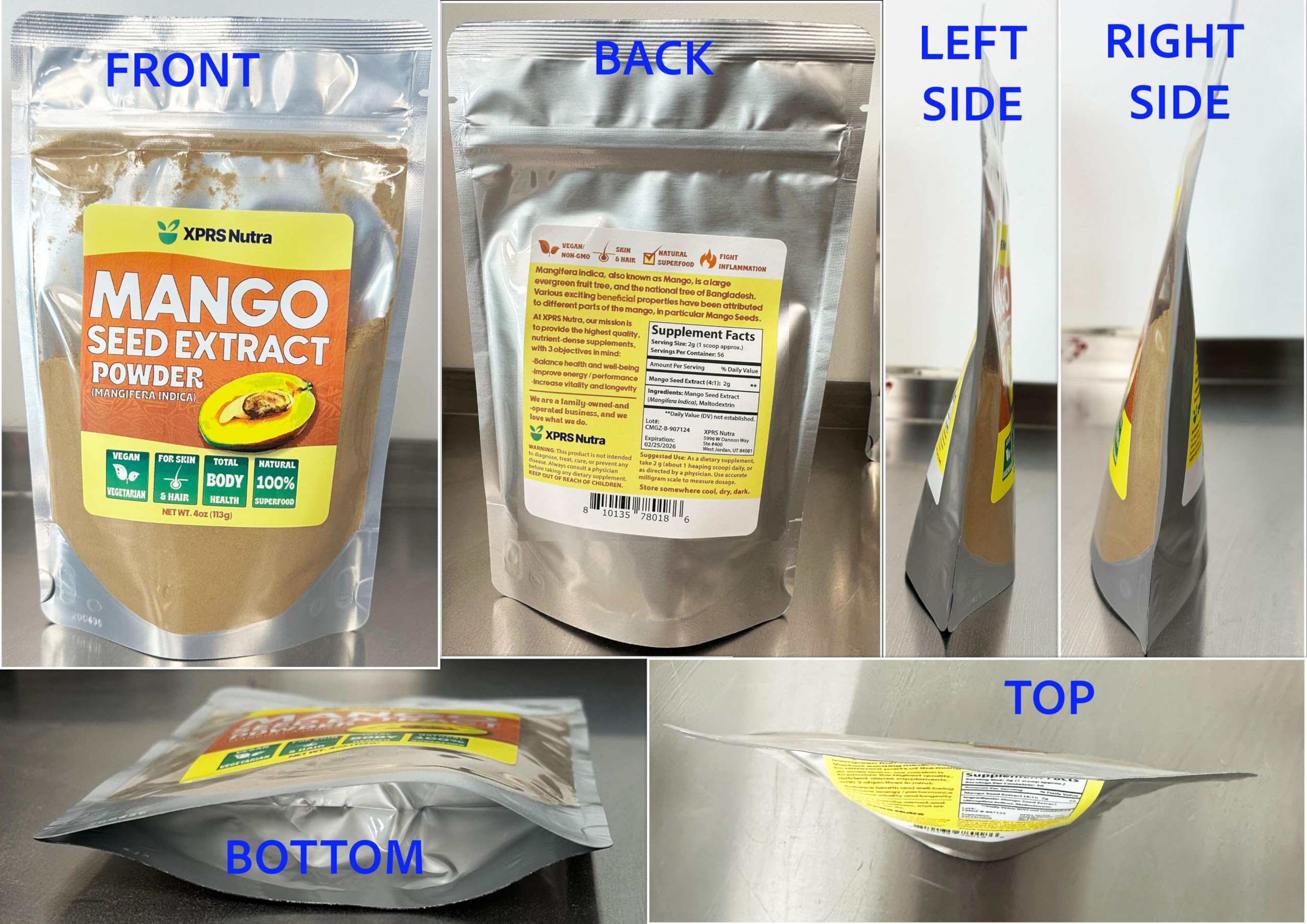 Storage jar of mango seed extract powder with label
