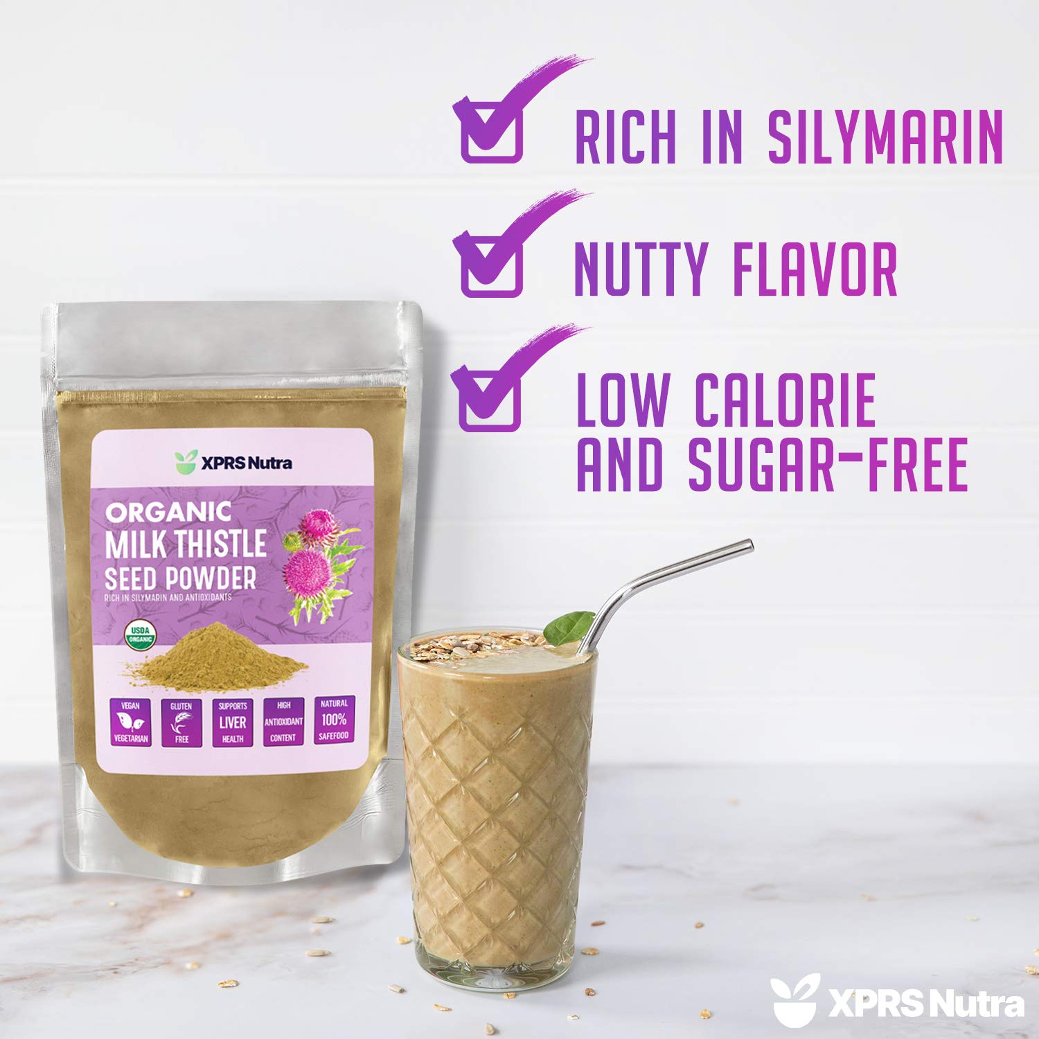 Scoop of milk thistle seed powder for smoothies