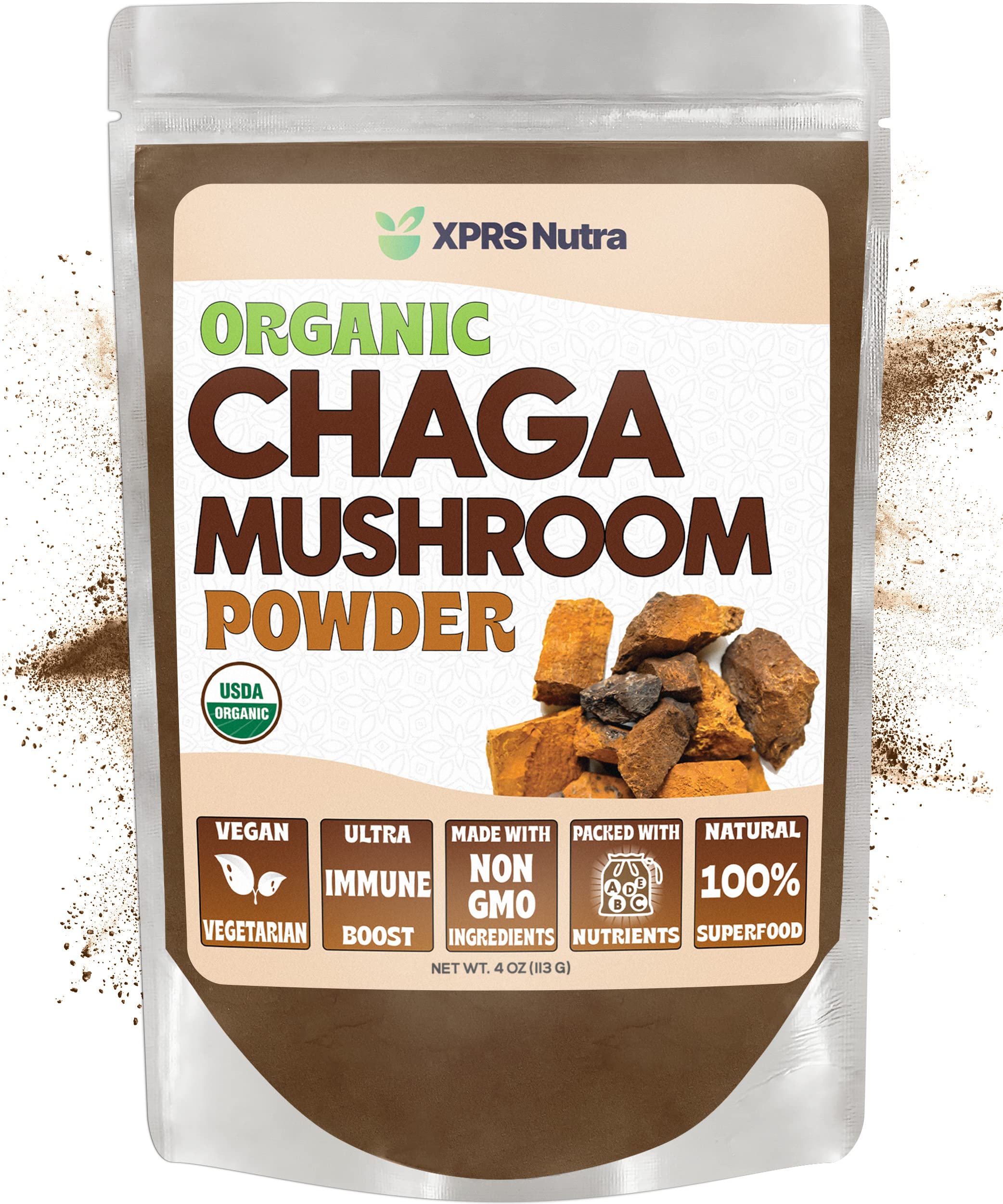 Front view of XPRS Nutra Organic Chaga Mushroom Powder tub