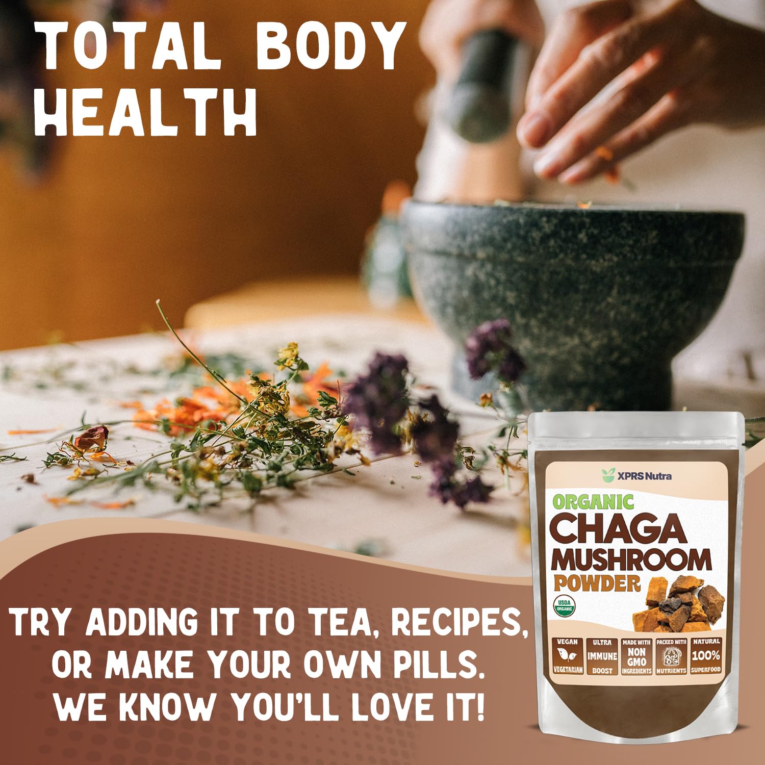 Chaga powder dissolving in warm tea