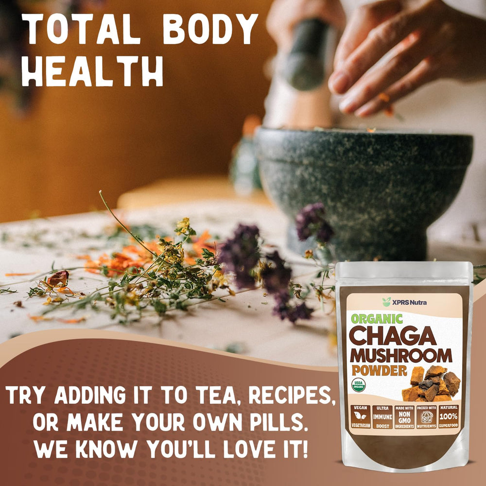 Chaga powder dissolving in warm tea
