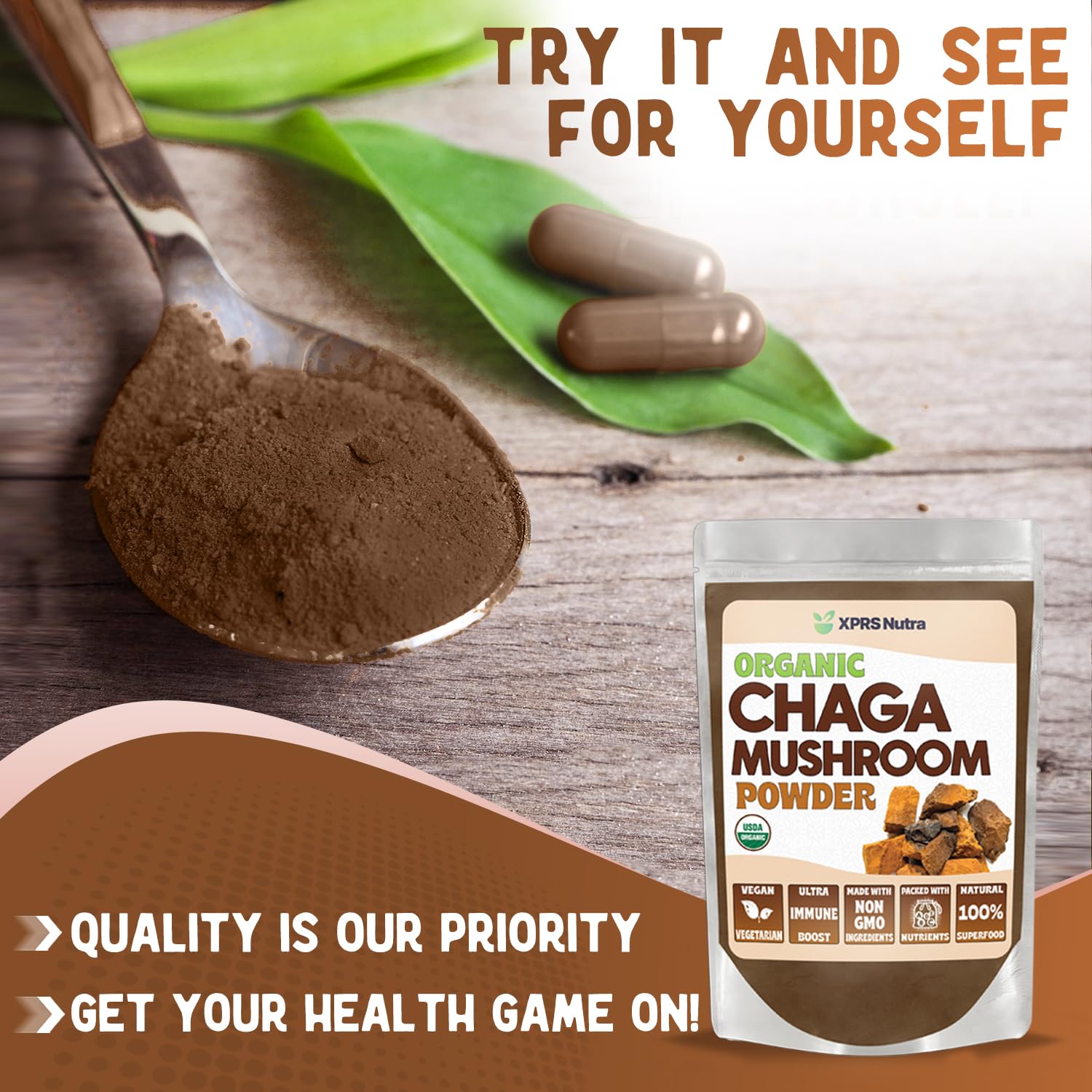 Vegan-friendly Organic Chaga mushroom powder ingredients