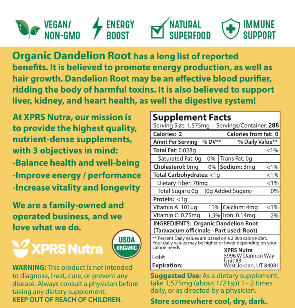 XPRS Nutra packaging and product details for Dandelion Root Powder