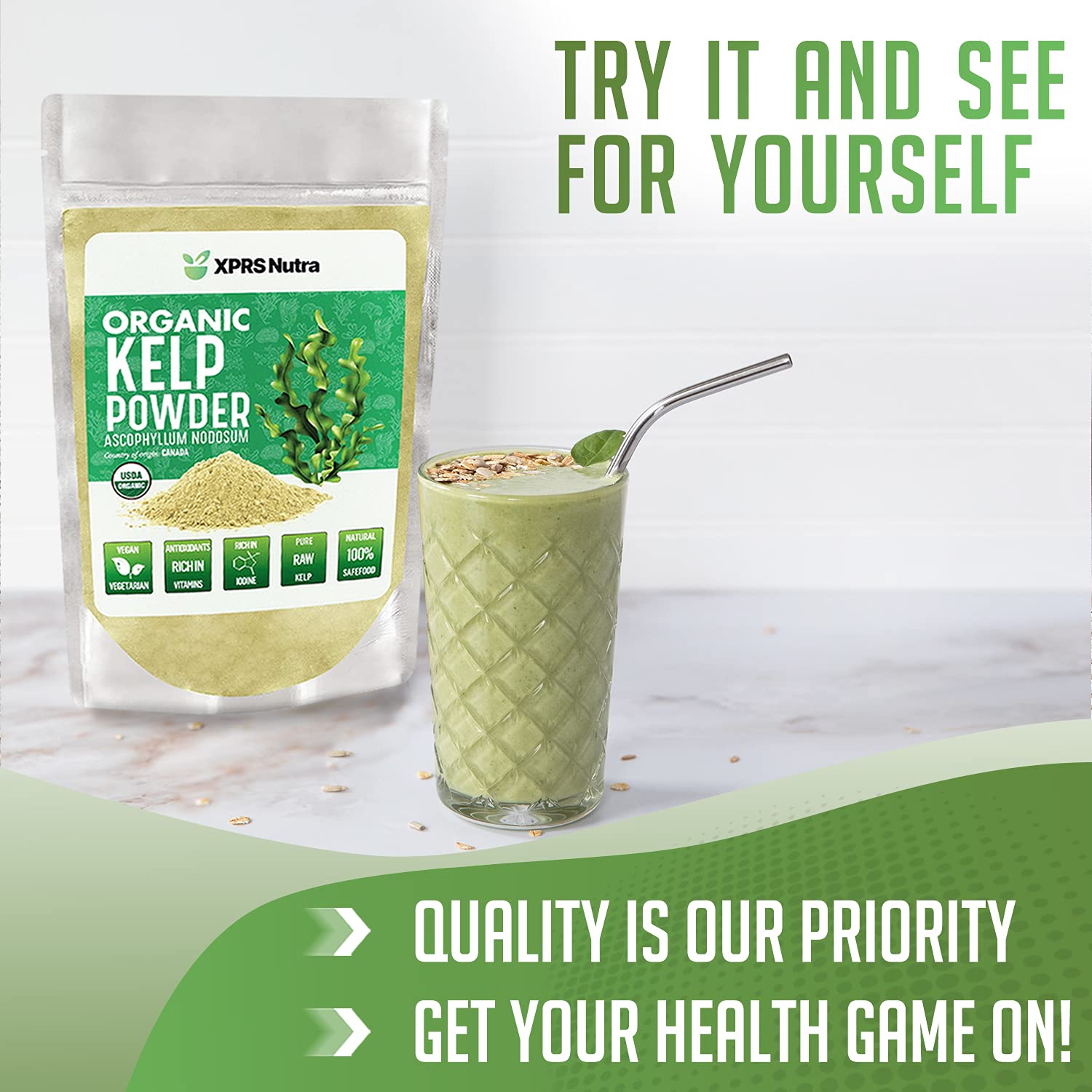 Food-grade sea kelp powder in resealable bag