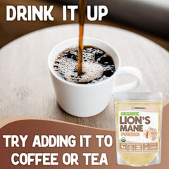 Organic Lion's Mane powder beside a coffee mug for morning cognitive focus