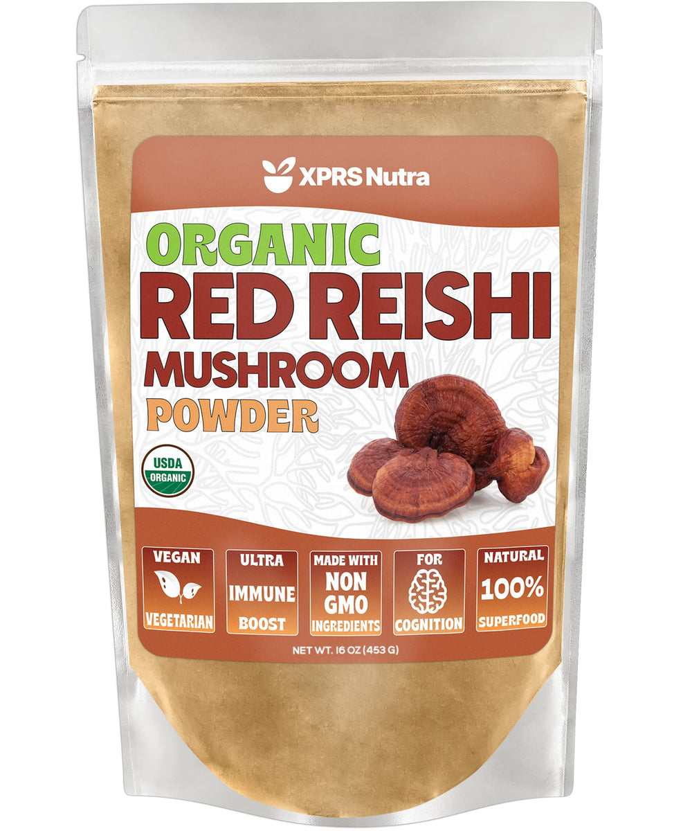 Close-up of XPRS Nutra Organic Red Reishi Mushroom Powder 16 oz jar label