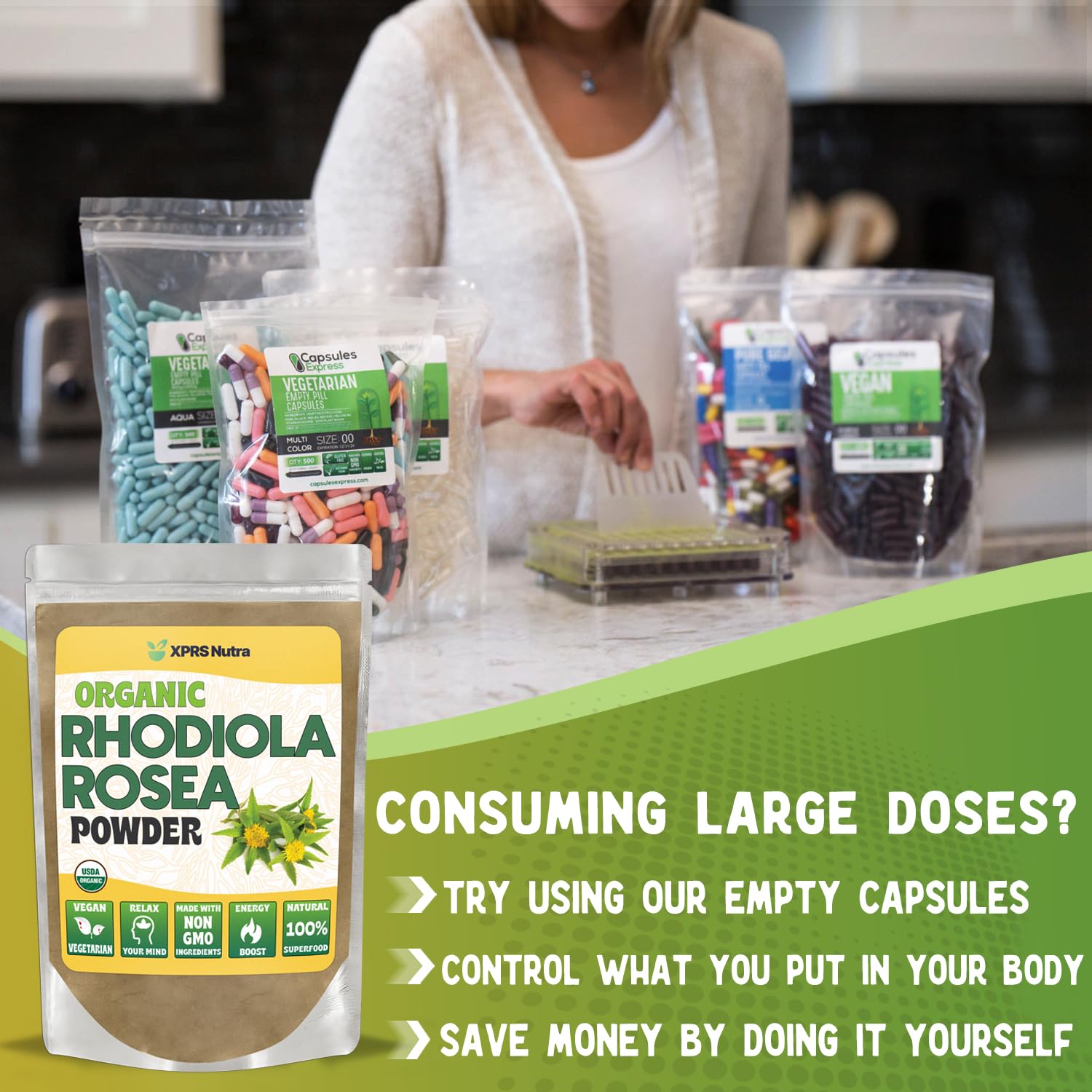Front view of Rhodiola Rosea powder jar with USDA Organic label