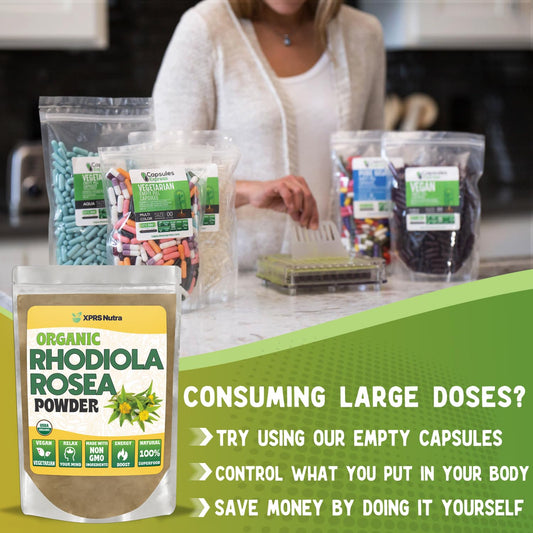 Front view of Rhodiola Rosea powder jar with USDA Organic label