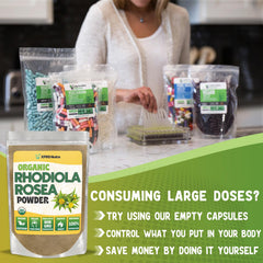 Front view of Rhodiola Rosea powder jar with USDA Organic label