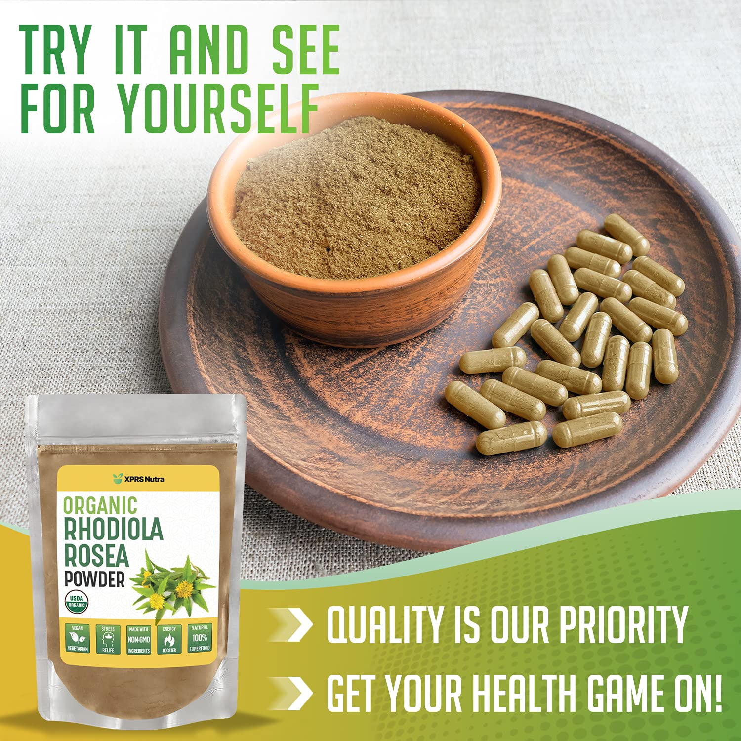 Energy and cognitive support with Rhodiola Rosea powder