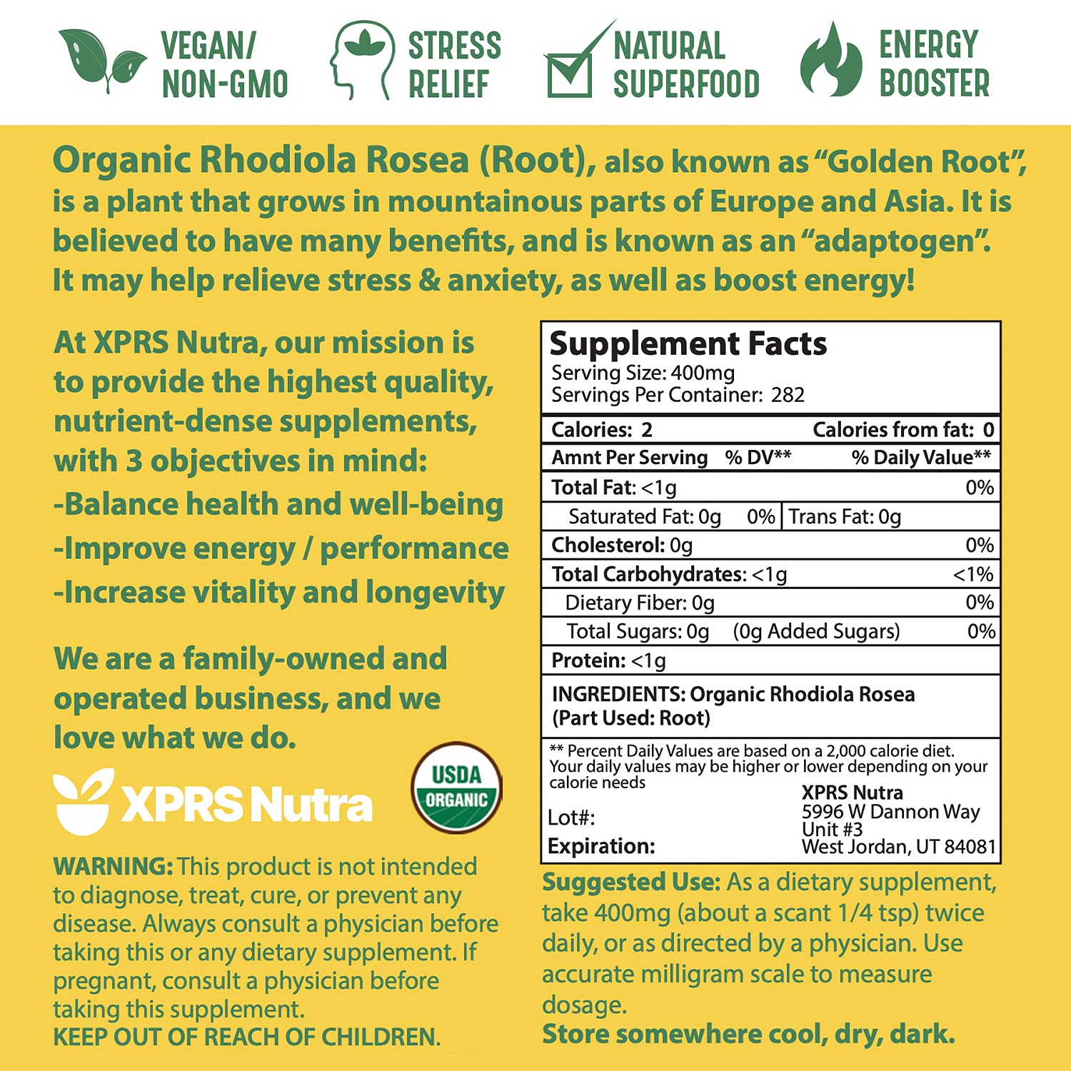 USDA Organic Rhodiola Rosea powder packaging