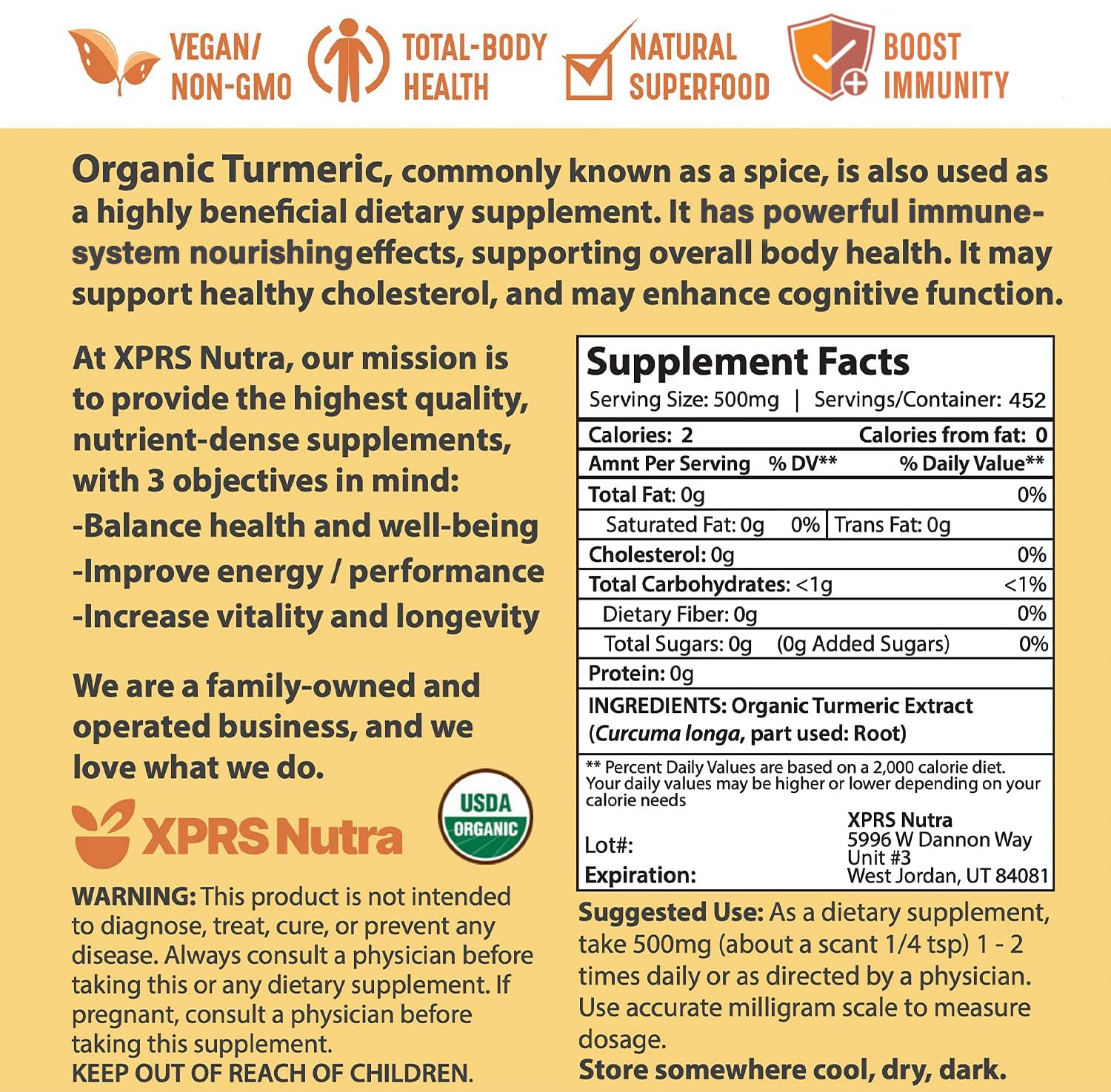 Ingredient label of XPRS Nutra Organic Turmeric Curcumin 10:1