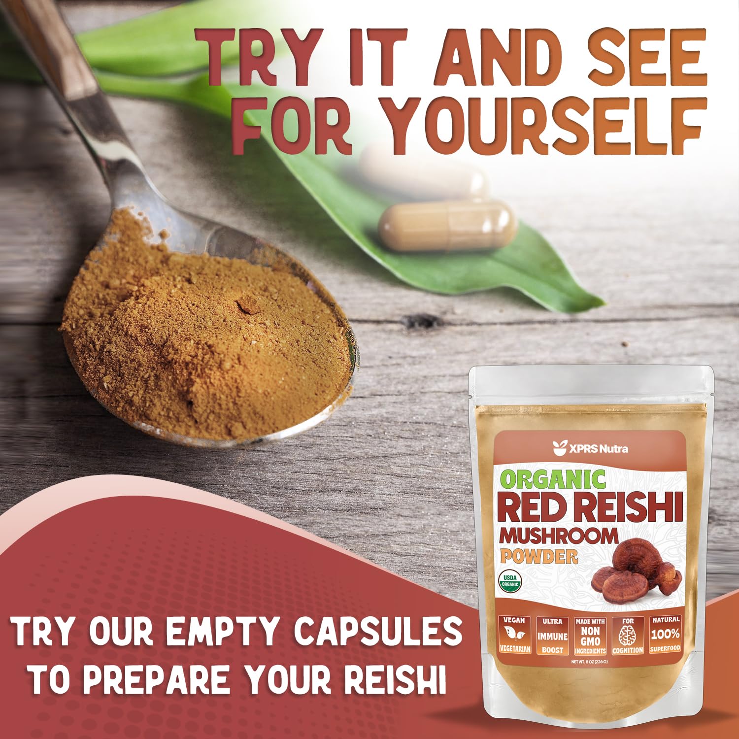 Reishi powder being added to a smoothie or shake